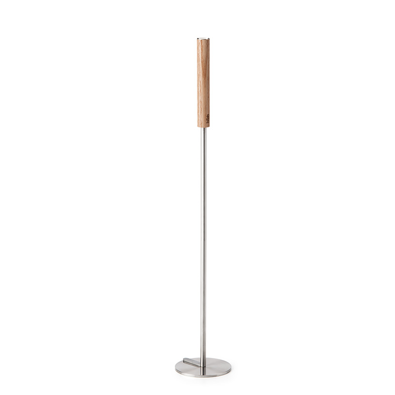 Blow poker with stainless steel base A depiction of a metal rod with a wooden handle, featuring the 00252 Blow poker with stainless steel base as a central and purposeful element.