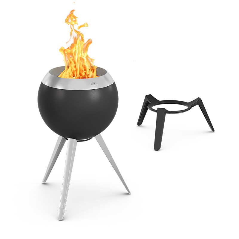 MOON 45 Fire Set flex A fire basket with a high stand, and an alternative low stand next to it. the 00965 Moon 45 Fireset Flex adding a functional and elegant touch to the scene.