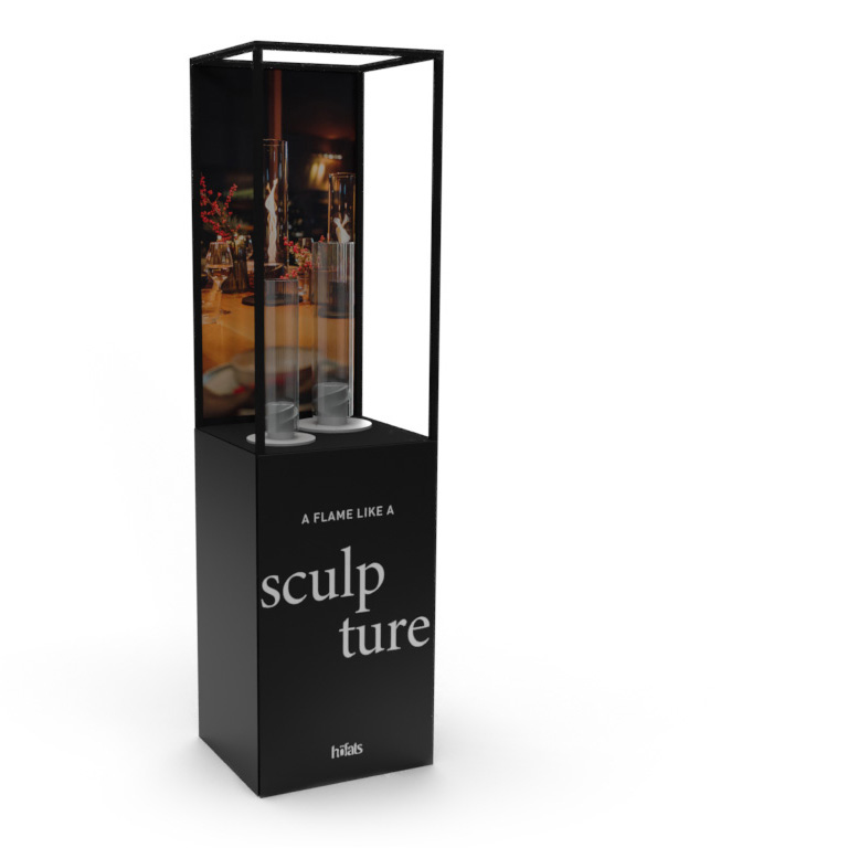 A black metal display with a colorful wallpaper and two SPIN Tablefires in it. Showing the 00678 Pos Spin Vitrine