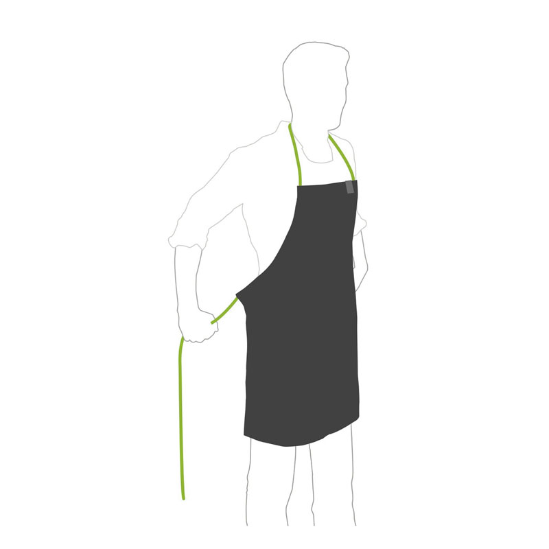 Apron Depicted here is a man in a black apron with a green line