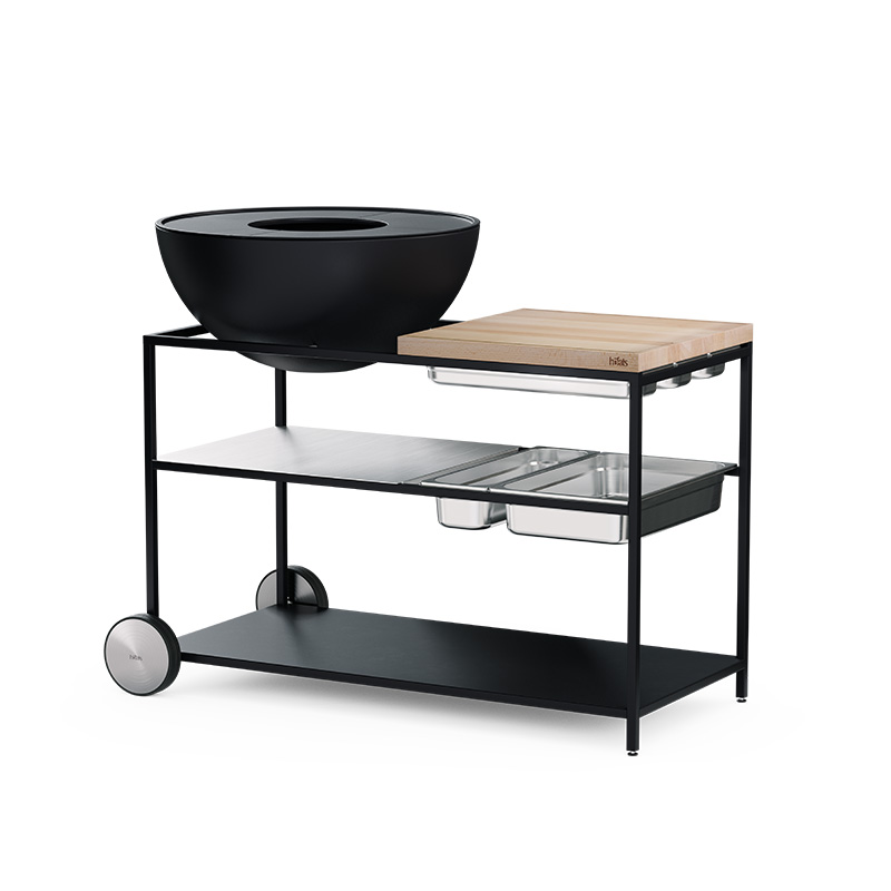 FIRE KITCHEN Wheel Set (2 pcs) Depicted here is a black and wood cart with a bowl on top, with the FIRE KITCHEN Wheel Set (2 pcs).
