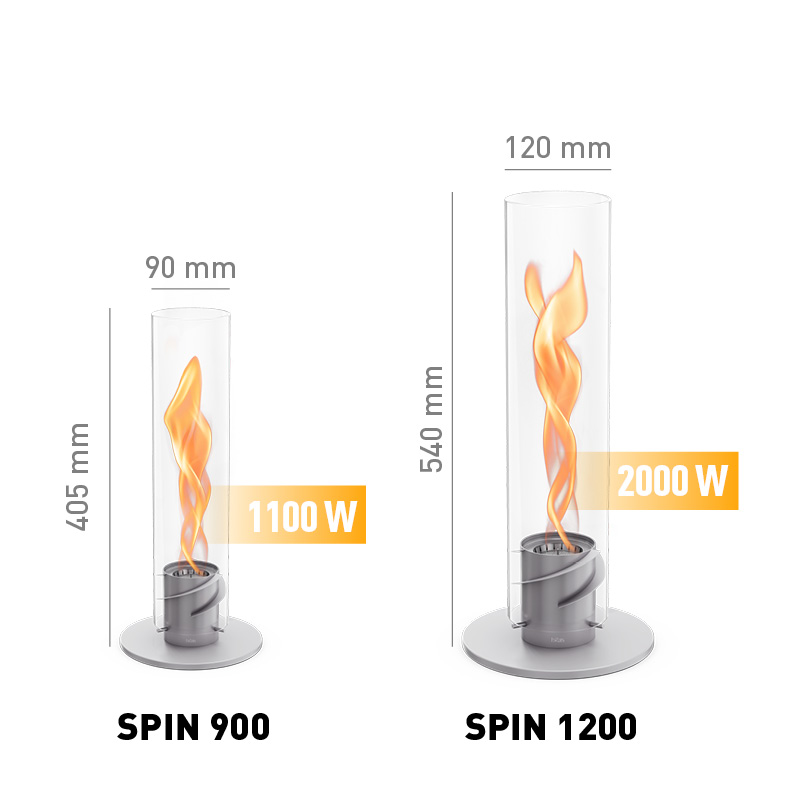 SPIN 1200 Tabletop Fireplace grey An inviting scene with the size of the flame is shown in the image, highlighted by the presence of the 00697 Spin 1200 Tablefire grey