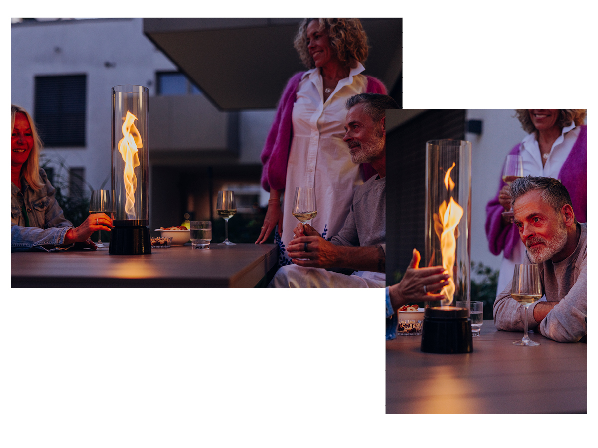 SPIN air Emaile schwarz brennt und Menschen schauen in die Flamme