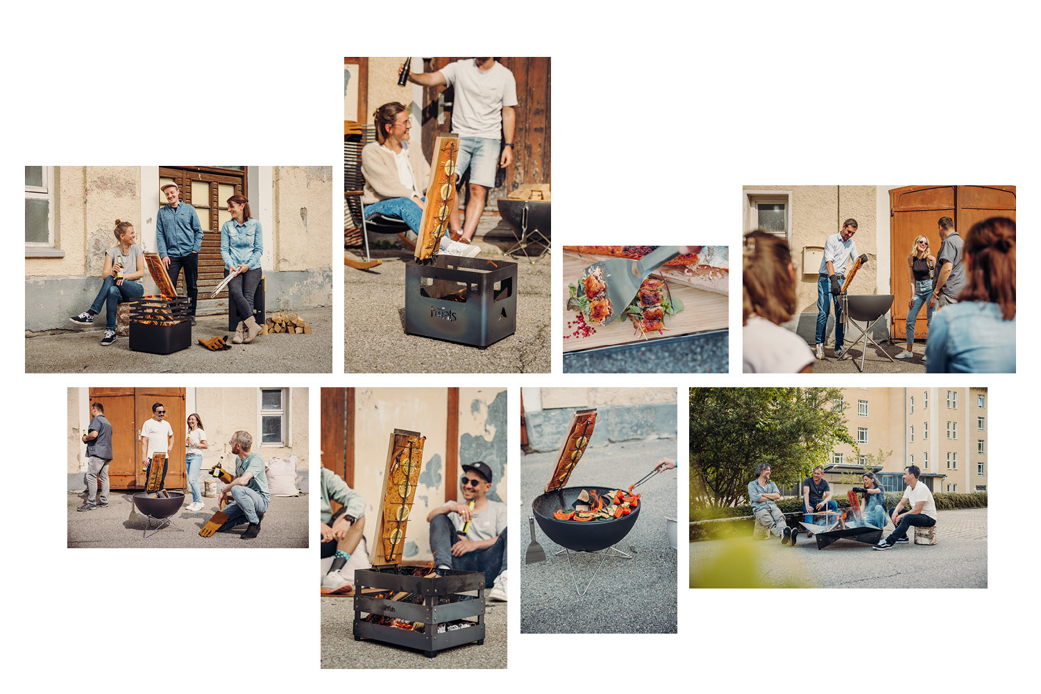 a collage of a group of people sitting around a fire.