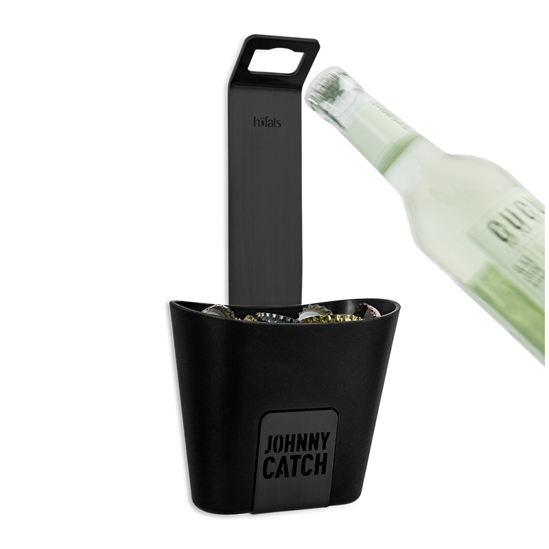 A depiction of a bottle and a black plastic container with a bottle opener, featuring the 00842 Johnny Catch Cup Black Bottleopener as a central and purposeful element.