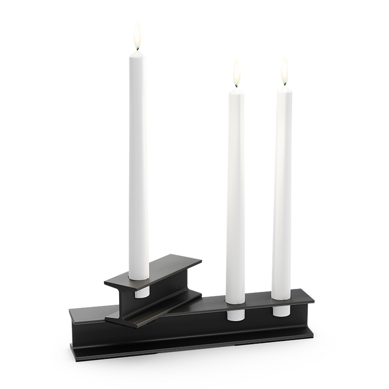 HENRY METAL I Candleholder black A view of a black candle holder with two white candles, with the HENRY METAL I Candleholder black.