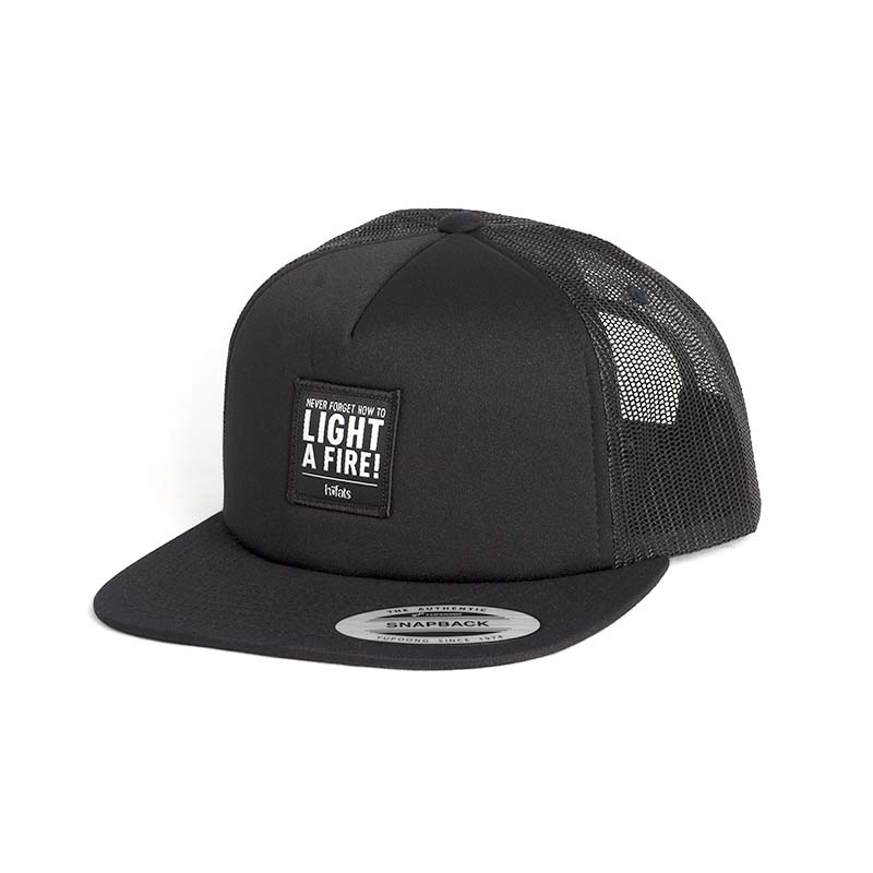 CAP black a black hat with the words light a fire on it.