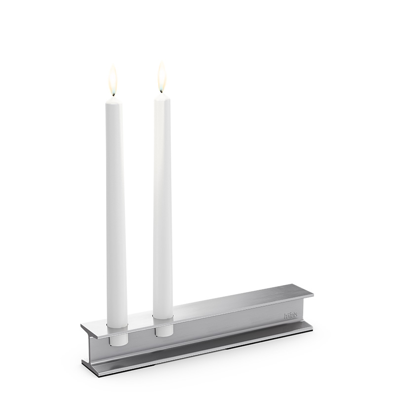 HENRY METAL II Candleholder silver Illustrated is a white candle holder with two candles on it, with the HENRY METAL II Candleholder silver.