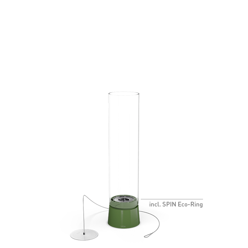 SPIN air 900 Tabletop Fireplace enamel green A green base with a glass cylinder the 00818 Spin Air 900 Tablefire Emaille green complements the moment with its thoughtful design.