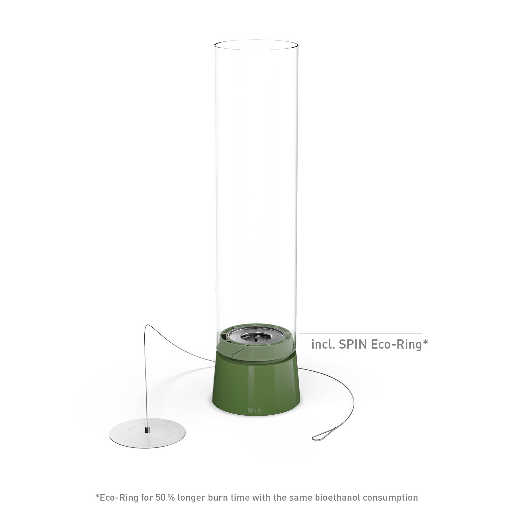 SPIN air 900 Tabletop Fireplace enamel green A green base with a glass cylinder the 00818 Spin Air 900 Tablefire Emaille green complements the moment with its thoughtful design.
