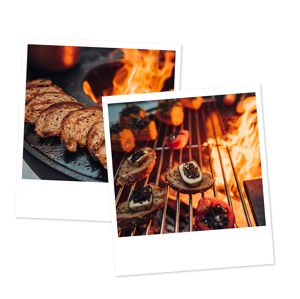 two pictures of food on a grill