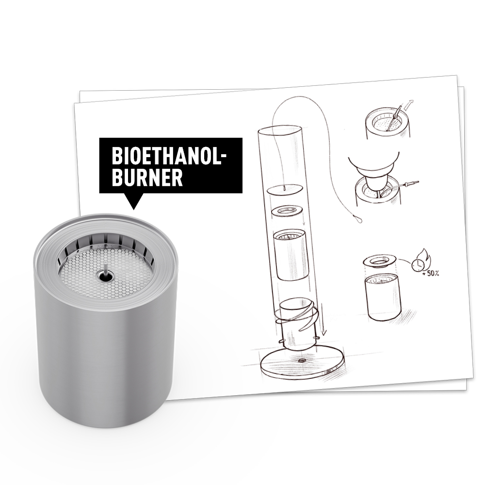This image shows a drawing of a coffee maker and a cup, with the SPIN 1200 Bio-Burner.