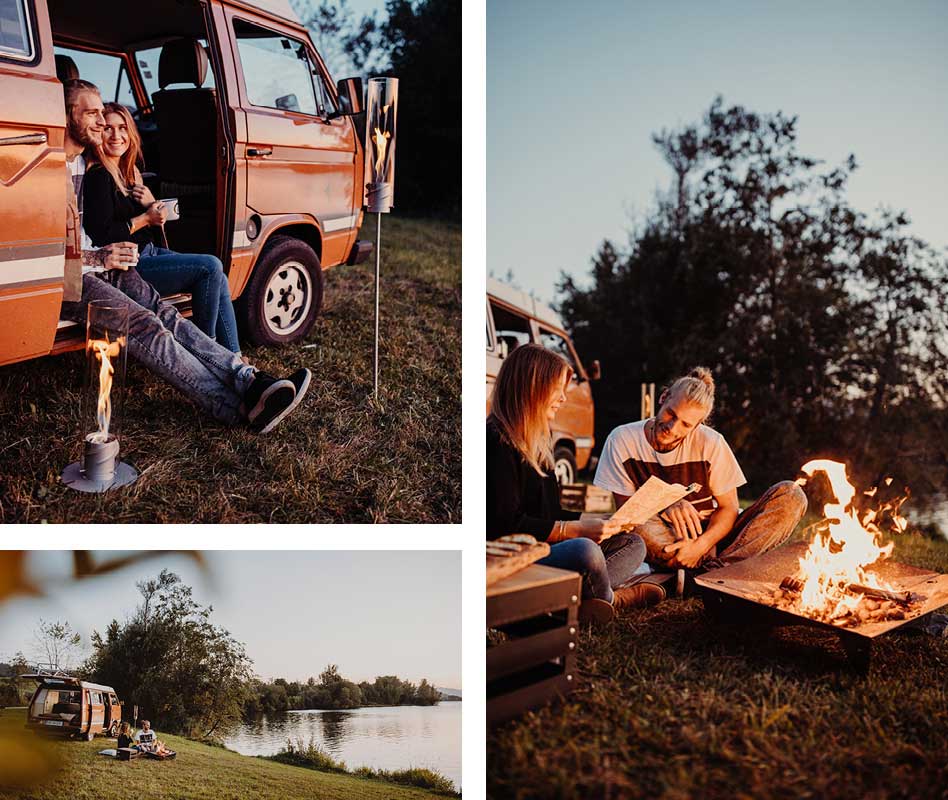 a couple sitting by a camper van with a campfire.