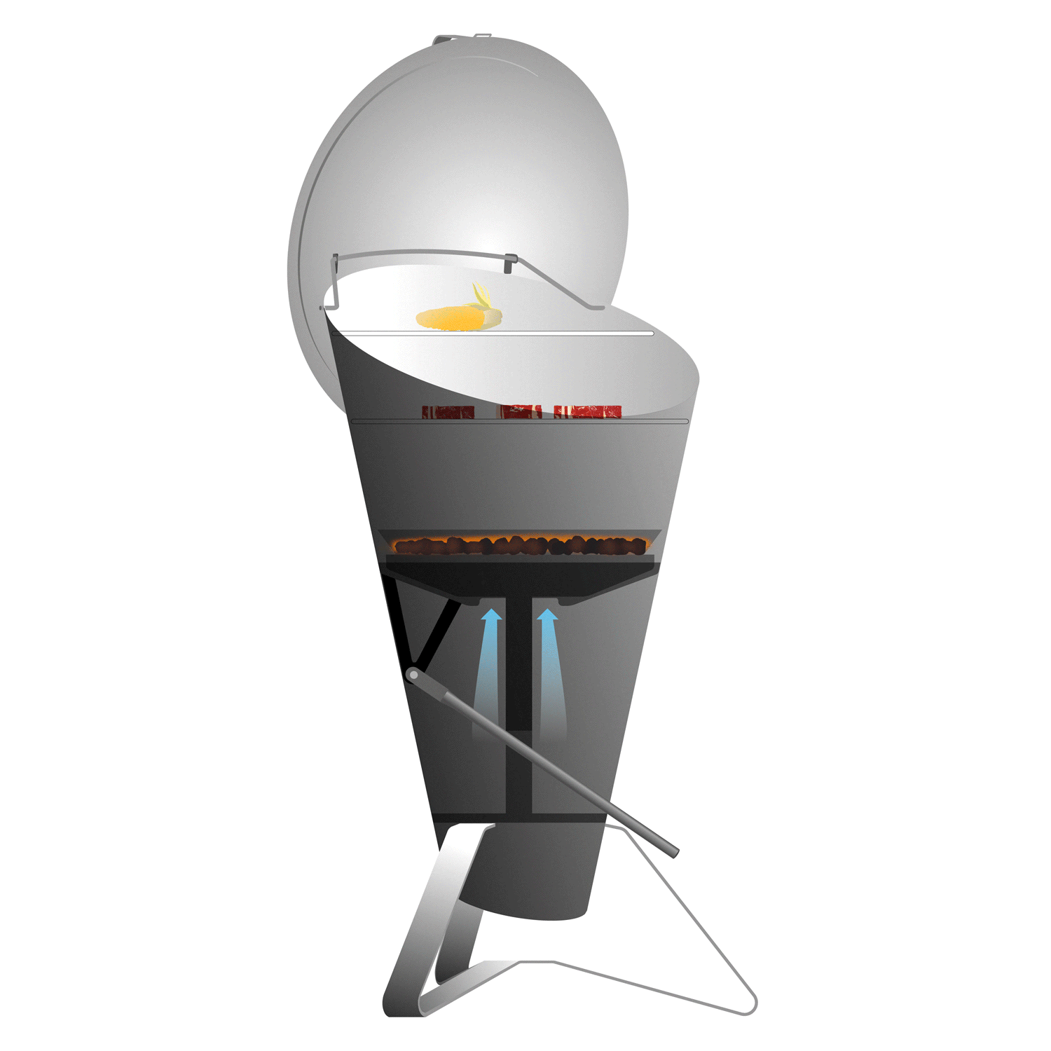 An animated picture showing how the heat regulation in CONE Charcoal Grill works