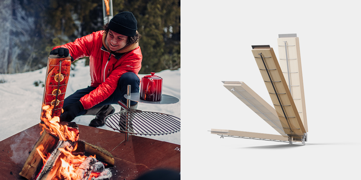 A man sitting on a bench next to a fire, enriched by the presence of the flame-grilled salmon board which merges design with utility.