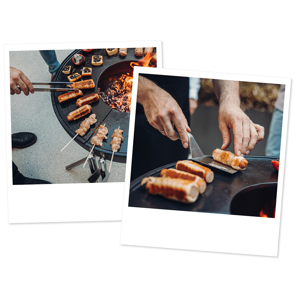two pictures of a person cooking food on a grill