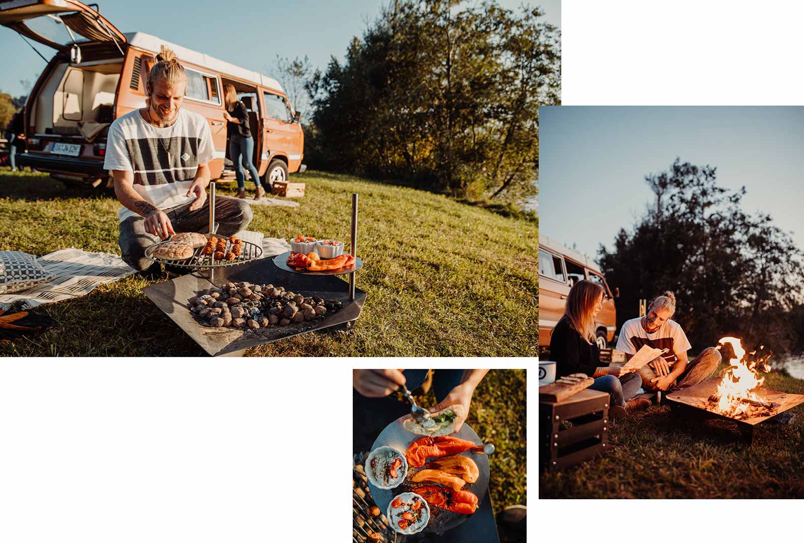 a couple sitting around a camper with a camper van in the background.