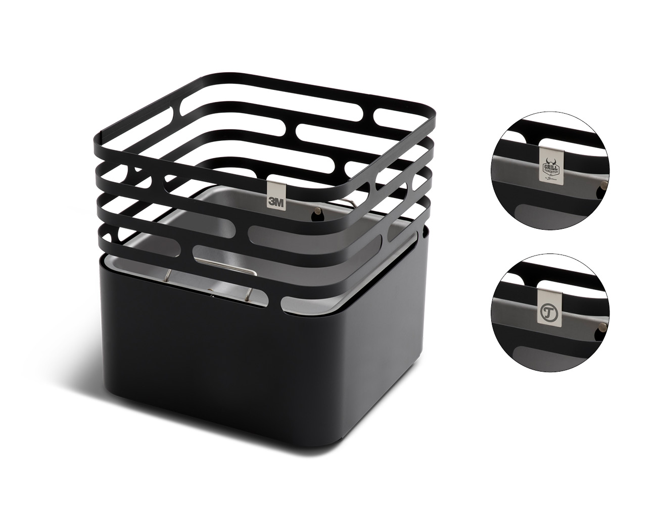 Depicted here is the back of a black box with two glasses, with the LOGO CUBE Fire basket black.