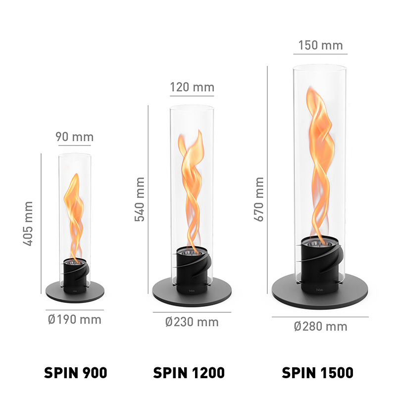 SPIN 900 Tabletop Fireplace black Scene showing SPIN Tablefire flames are available in various sizes