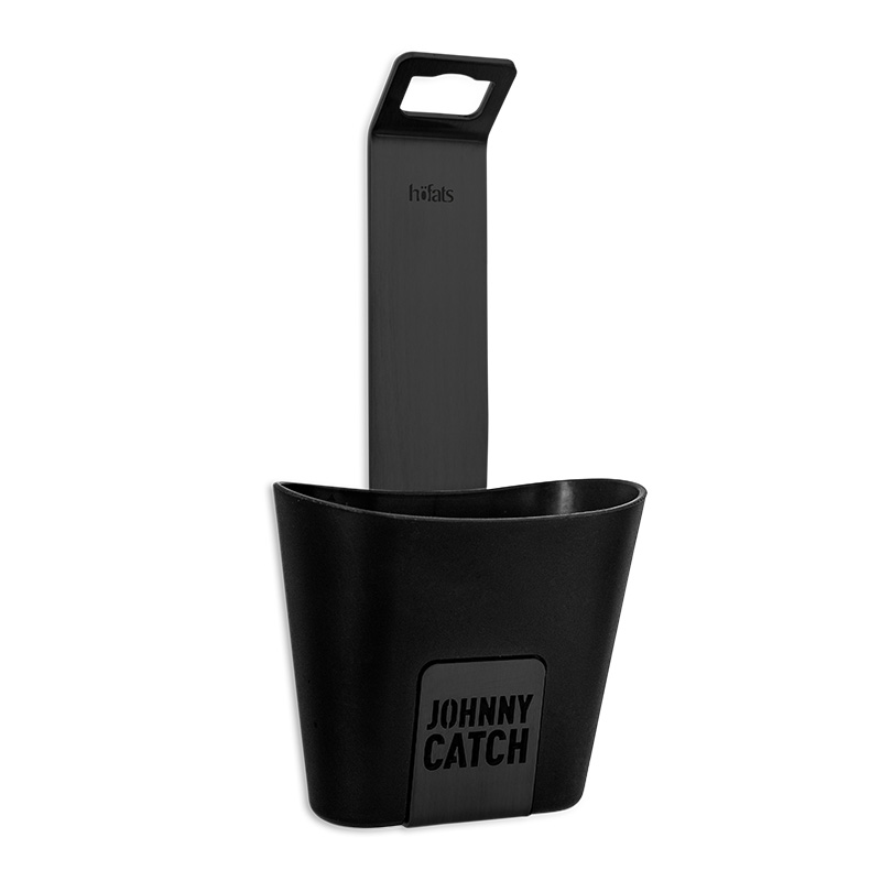 a black plastic bucket with a black steel handle. the 00842 Johnny Catch Cup Black Bottleopener