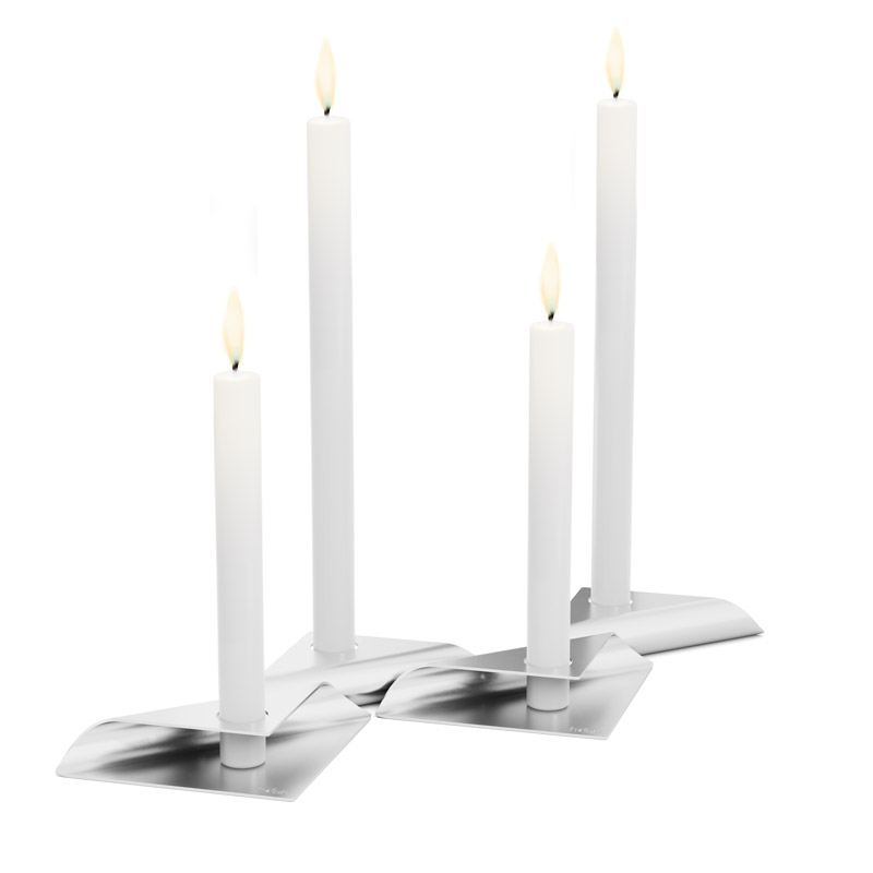Depicted here is a pair of white candles with a single candle, with the SQUARE CANDLE Candleholder Set silver.