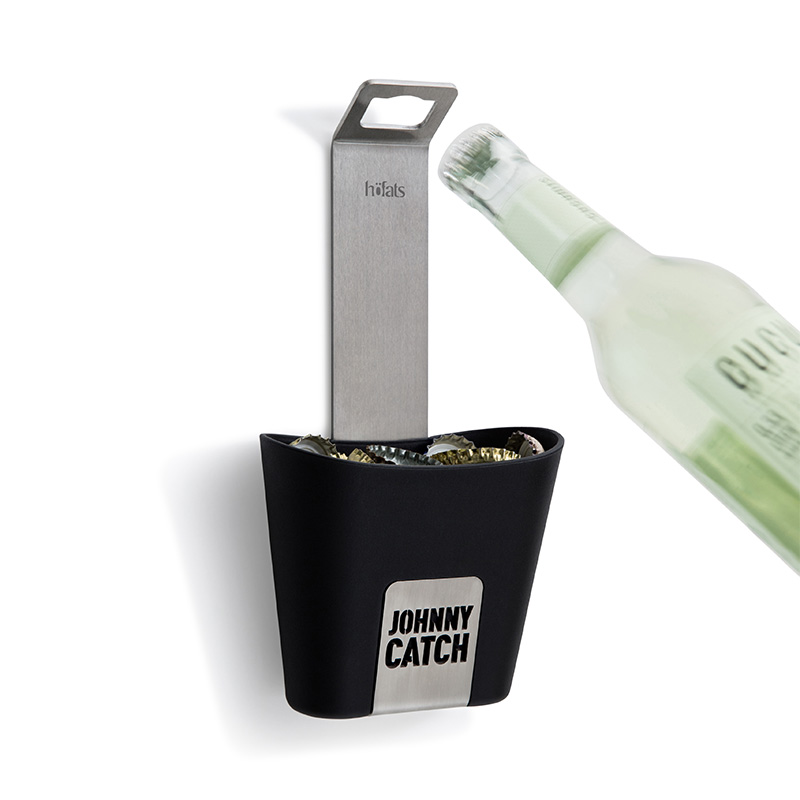 A depiction of a bottle opener , featuring the Johnny Catch Cup Bottleopener as a central and purposeful element.