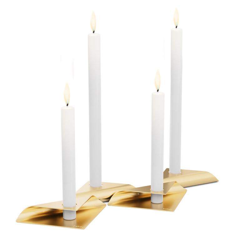SQUARE CANDLE Candleholder Set gold A view of a pair of white candles with gold foil, with the SQUARE CANDLE Candleholder Set gold.