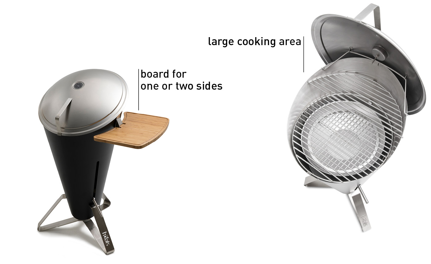 Depicted here is a barbecue grill with a wooden board and a large grill, with the CONE Charcoal Grill.