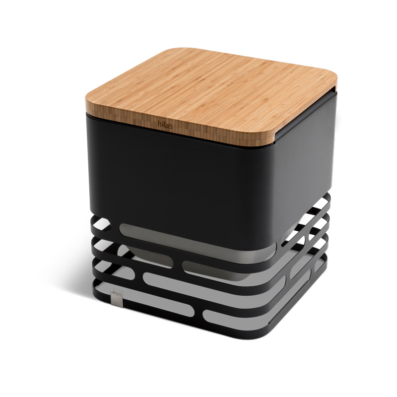 Illustrated is a black and bamboo box with a wooden lid, with the CUBE Board.