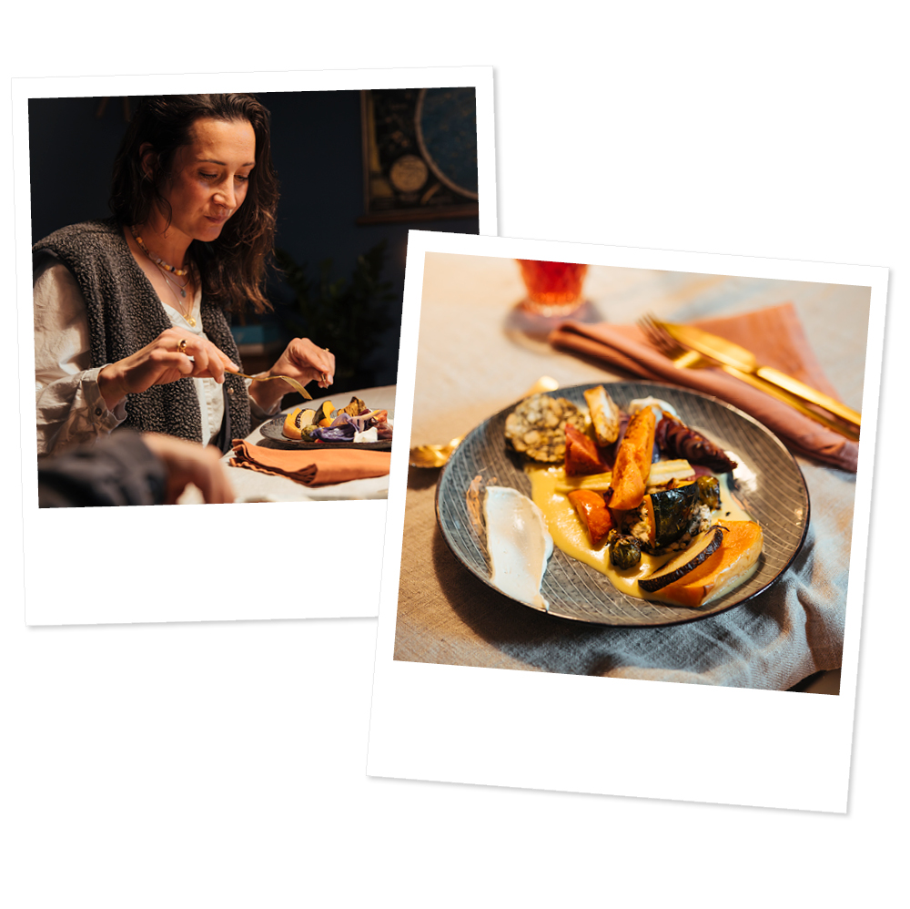 a woman is eating a meal of vegetables