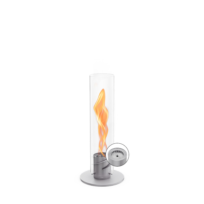 Scene showing a small fire with a metal stand, where the 00690 Spin 900 Tablefire grey stands out for its practical elegance.
