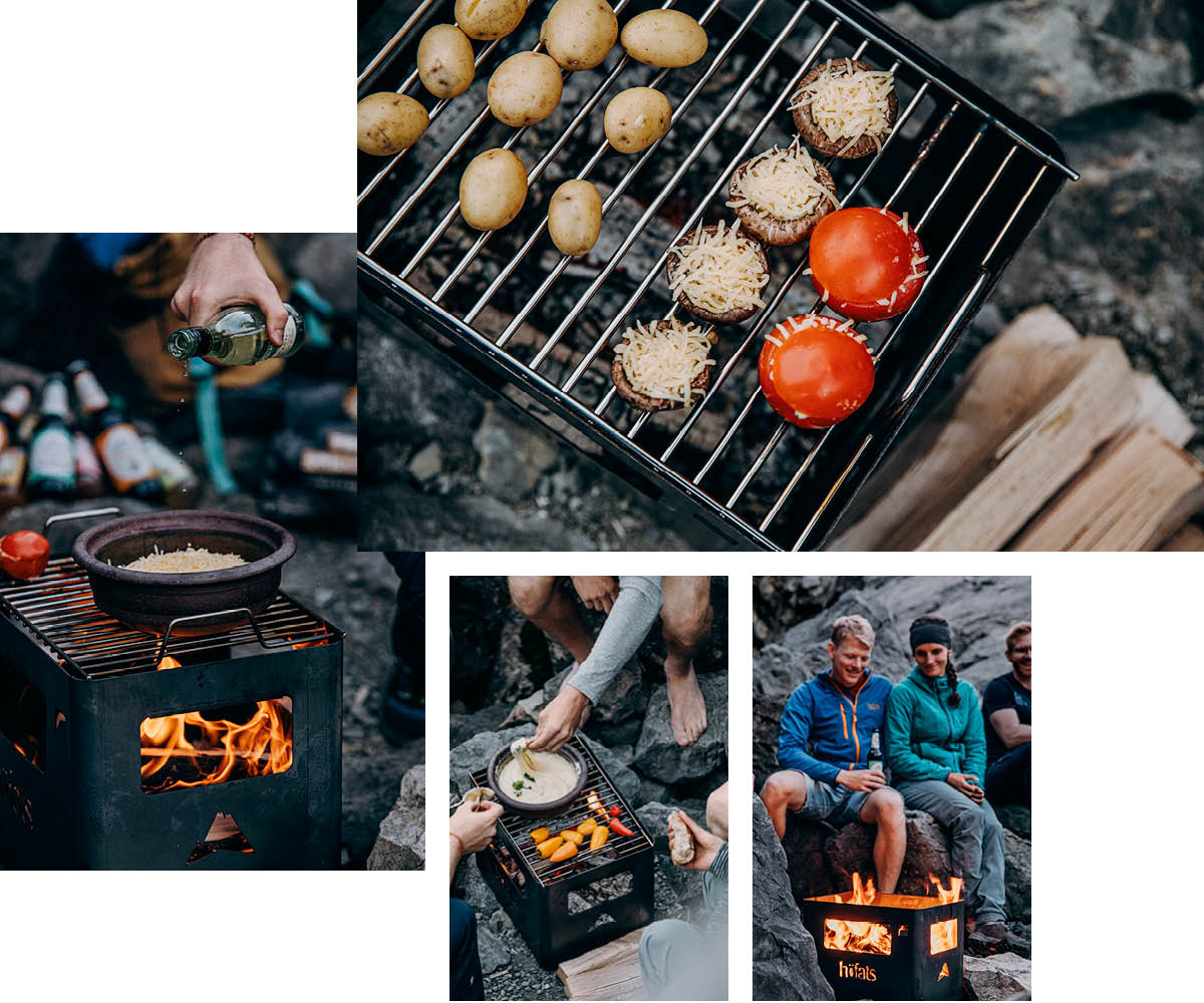 An image showing a collage of a man cooking food on a grill, with the BEER BOX Fire Basket.