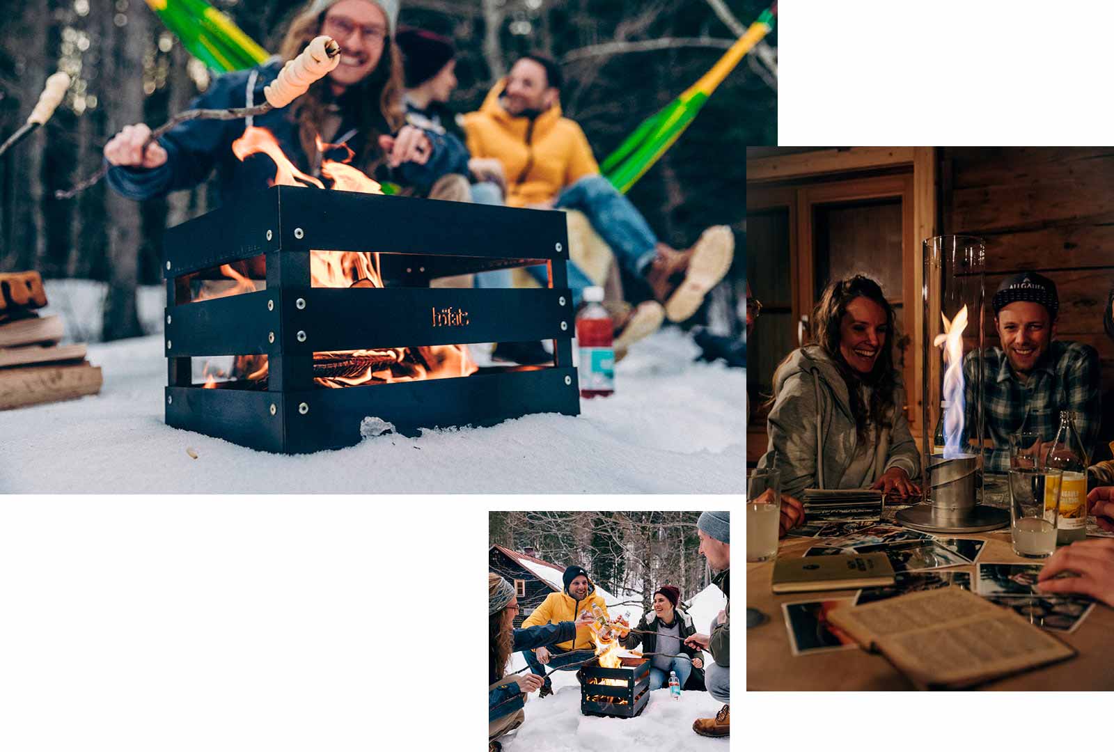 Depicted here is a group of people sitting around a fire pit, with the CRATE Fire Basket.