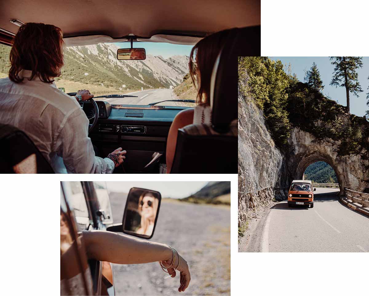 a woman driving a car on a road.