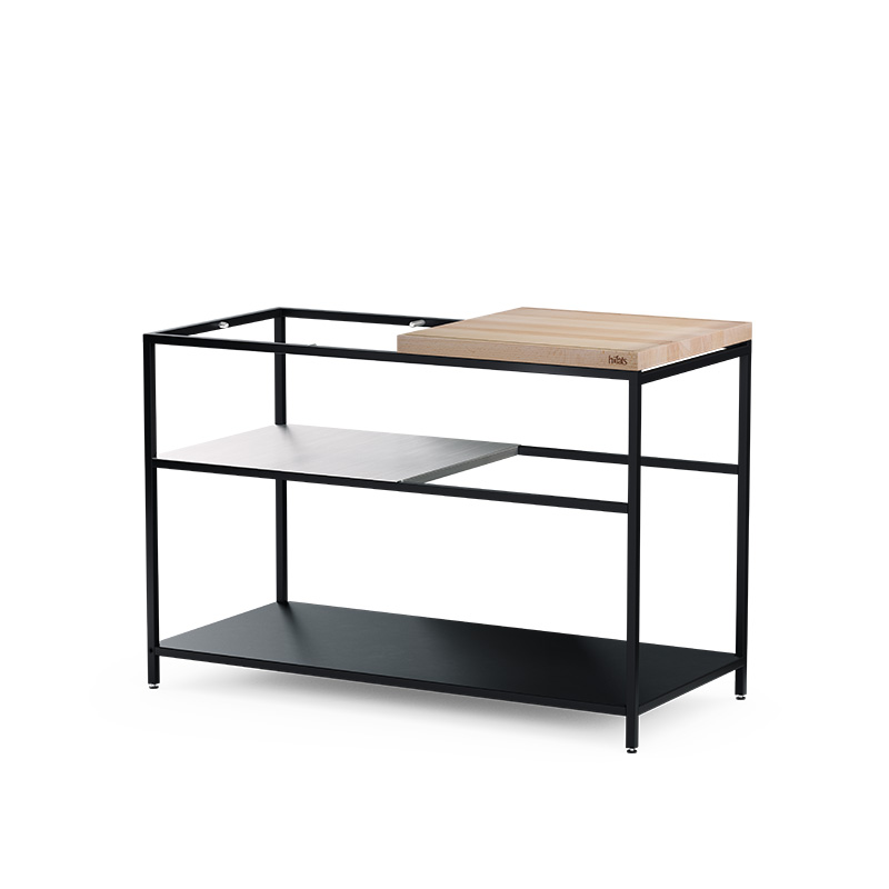 FIRE KITCHEN Outdoor Kitchen An image showing a black and white table with a wooden top, with the FIRE KITCHEN Outdoor Kitchen.