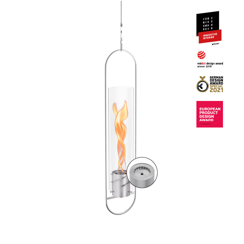 Scene showing a fire tube with a flame inside, where the Spin 1200 Hanging Fire stands out for its practical elegance.