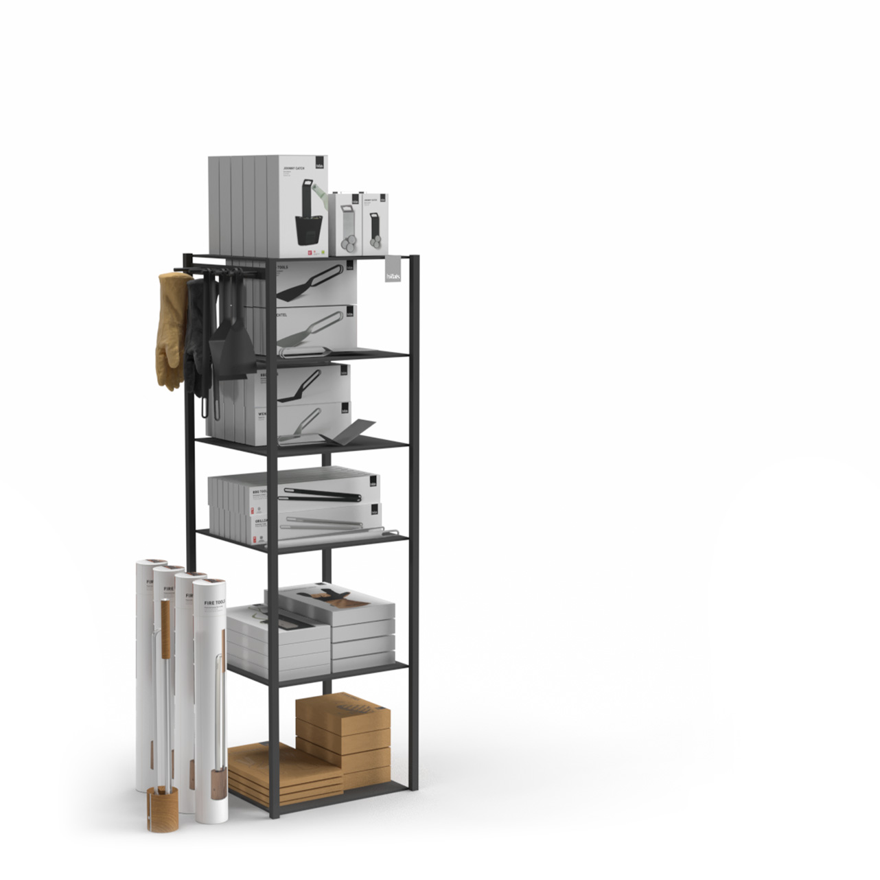 a black metal shelf with a variety of barbecue equipment. Showing the TOOLS shelf