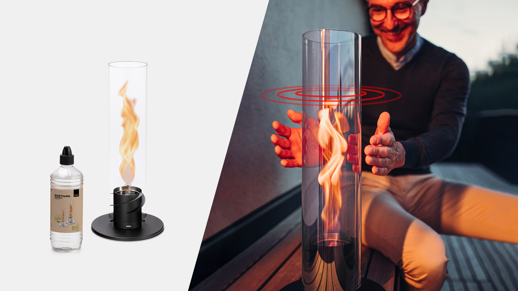 a man sitting on a bench next to a glass bottle of liquid.