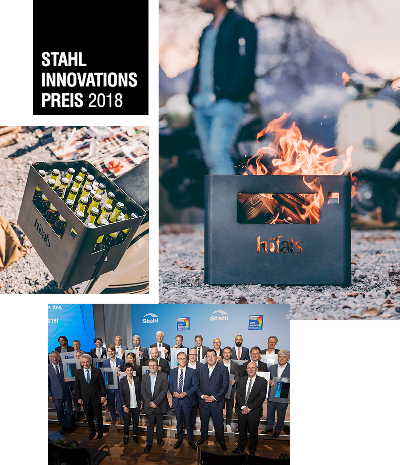 An image showing a group of people standing around a fire, with the Podest (Stahl / Holz) - (Matrix - Parent).