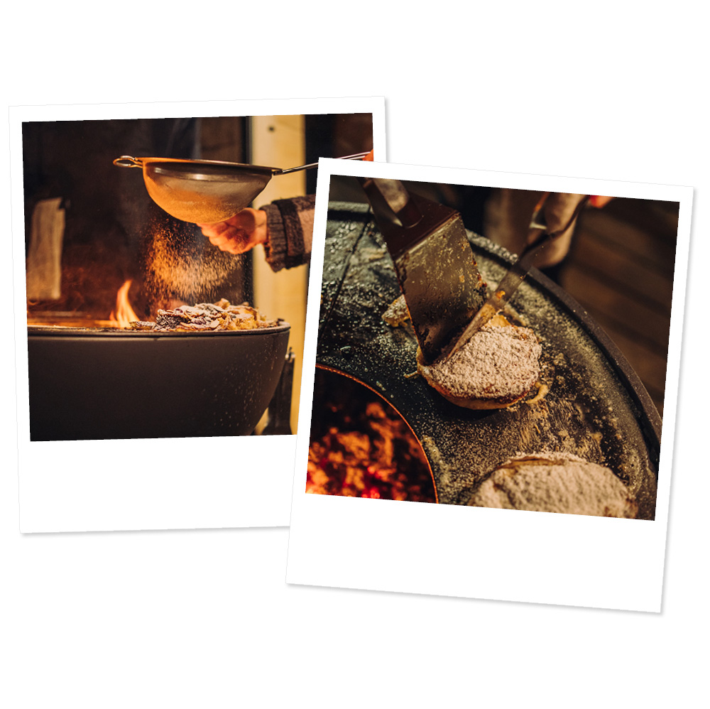 Depicted here is two pictures of a person cooking food on a grill, with the BOWL Fire Bowl.