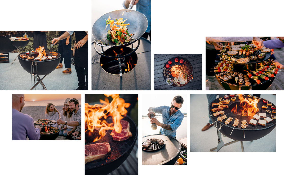 a collage of a man cooking food on a grill.