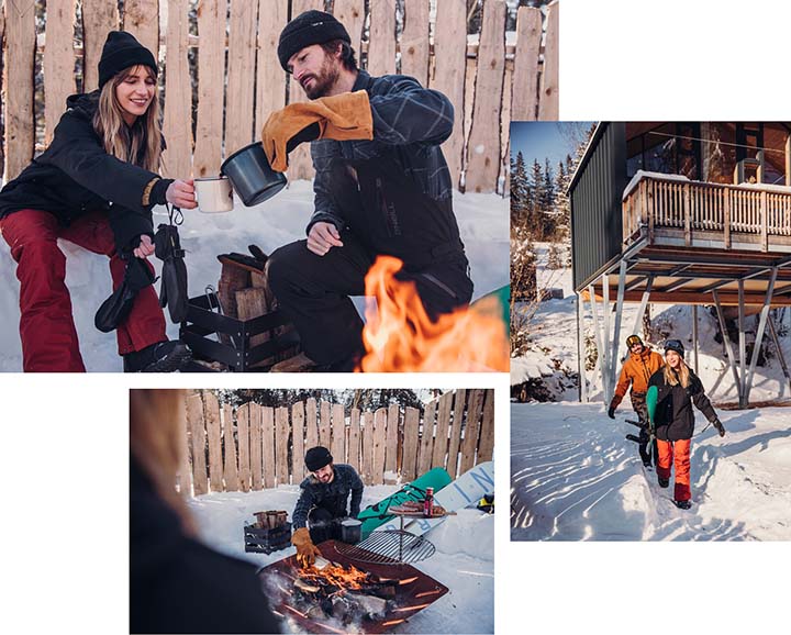 a couple roasting marsh on a campfire in the snow.