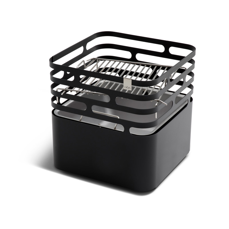 a black steel grill with grid inside on white background, the Cube BBQ Set