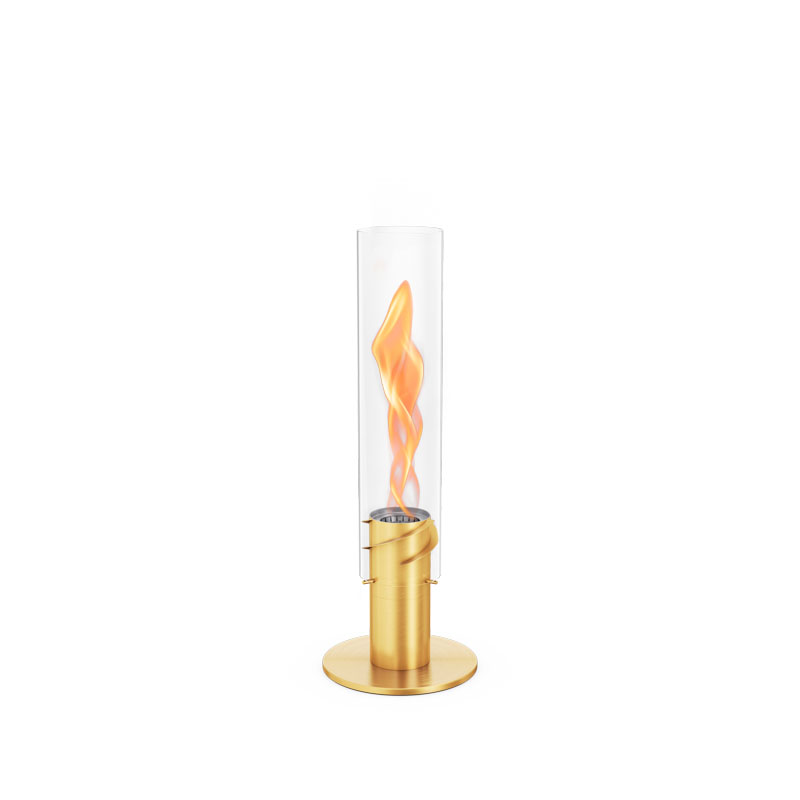 SPIN 900 Stand Elevation gold A view of a gold metal and Tablefire with a flame, with the SPIN 900 Stand Elevation gold.