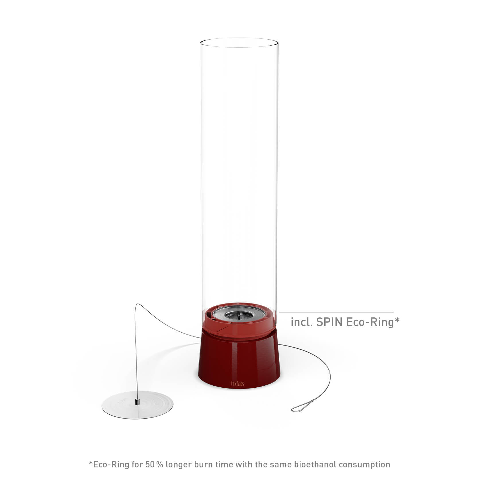 SPIN air 1200 Tabletop Fireplace enamel red Scene showing a red base with a glass cylinder, where the 00814 Spin Air 1200 Tablefire Emaille red stands out for its practical elegance.