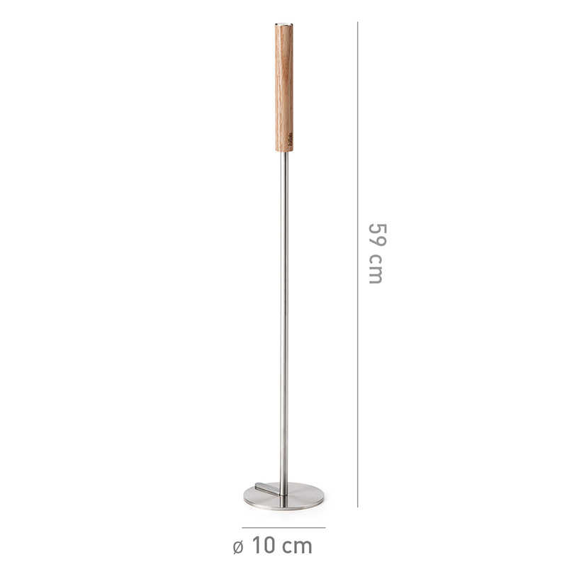 Blow poker with stainless steel base A depiction of a metal rod with a wooden handle, featuring the 00252 Blow poker with stainless steel base as a central and purposeful element.