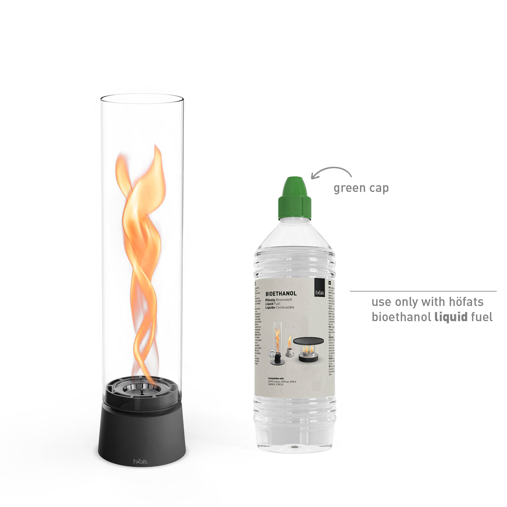 SPIN air 900 Tabletop Fireplace matte black SPIN air 900 Tischfeuer mattschwarz Studiobild, daneben Bioethanol flüssig Studiobild