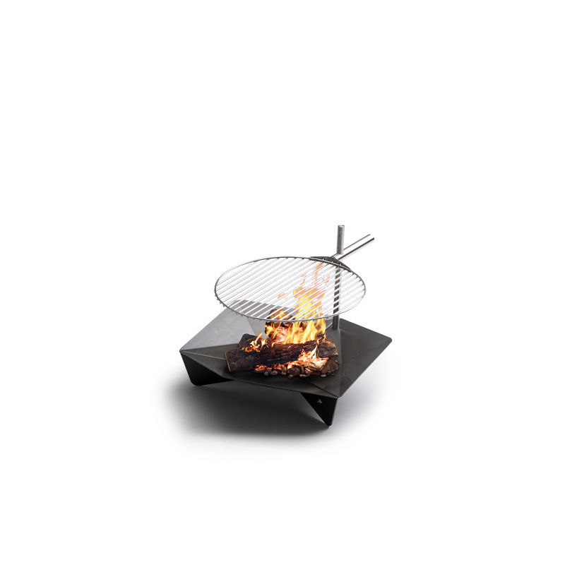 a black fire pit with logs in it, with the refined touch of the Triple 65 Fireplace BBQ Set