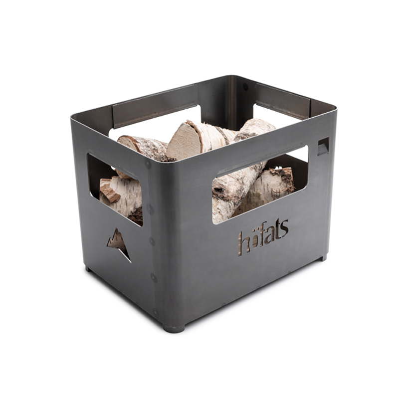 BEER BOX Fire Basket A black crate with a white background, with the Beer Box Firebasket adding a functional and elegant touch to the scene.