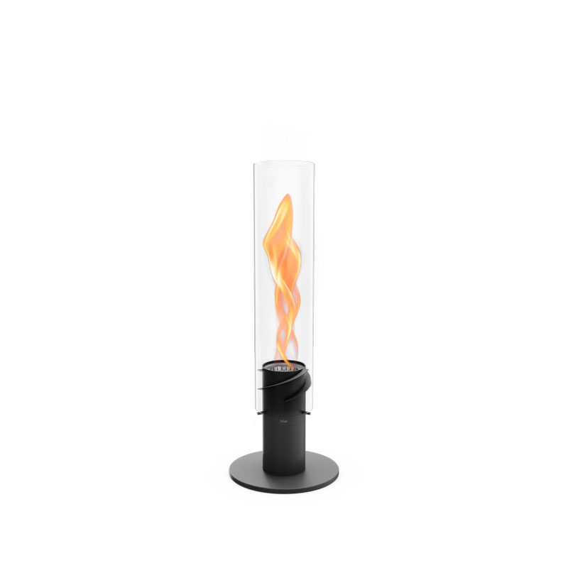 SPIN 900 Stand Elevation black An inviting scene with a black Tablefire with a glasscylinder and a flame on top, highlighted by the presence of the 00038 SPIN 900 Stand Elevation black